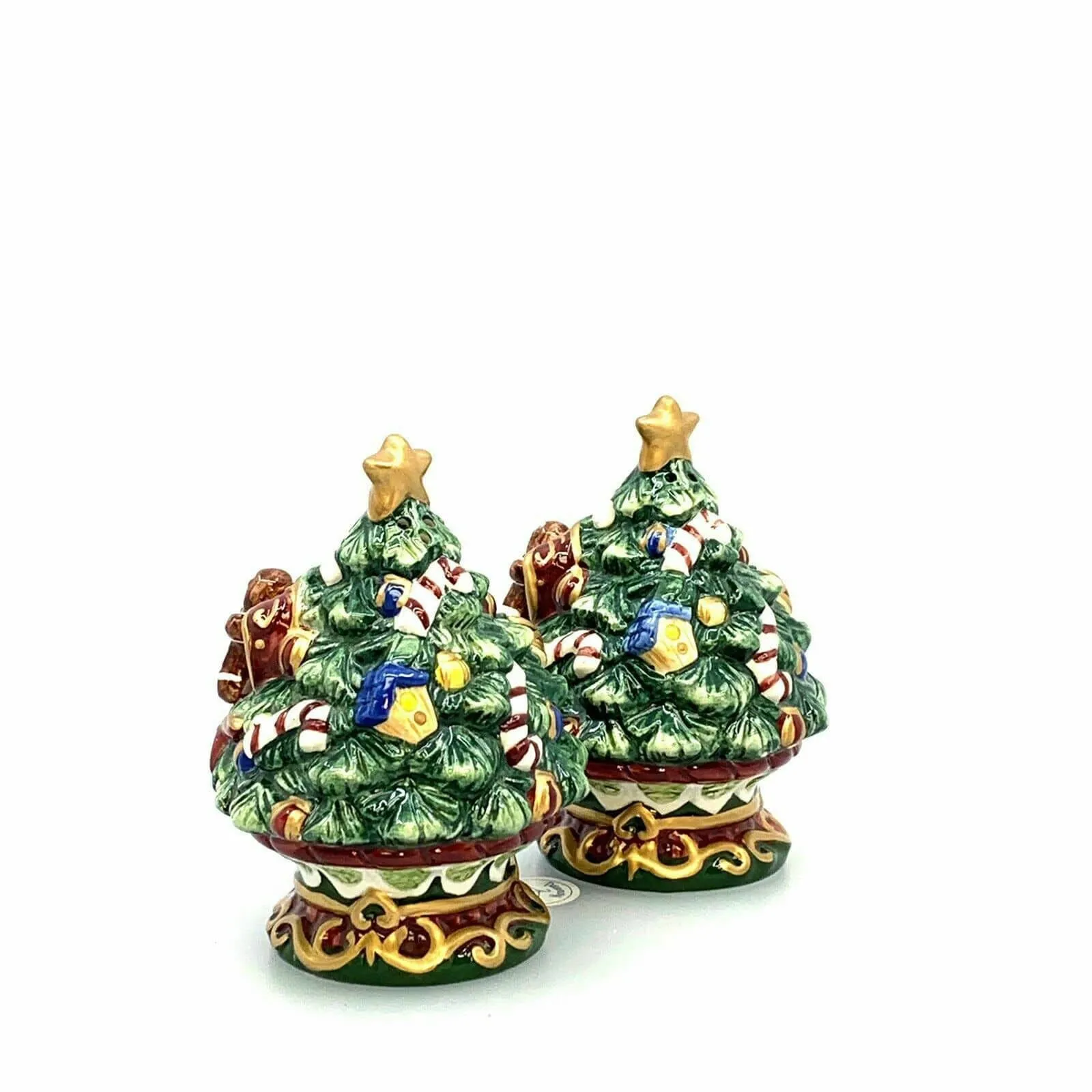 Christmas Tree Red Bow Gingerbread Man Salt Pepper Shakers Set Pair Ceramic