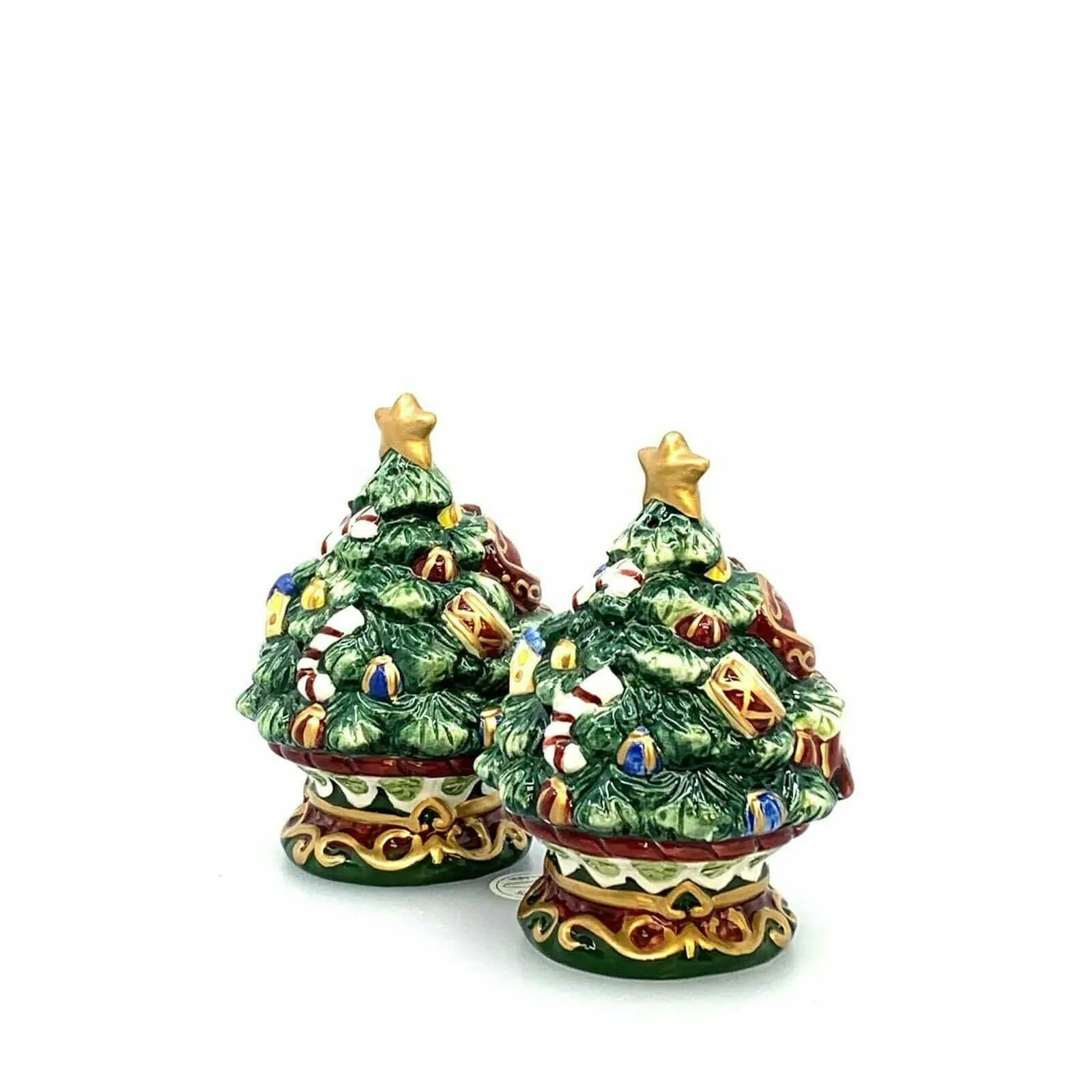 Christmas Tree Red Bow Gingerbread Man Salt Pepper Shakers Set Pair Ceramic