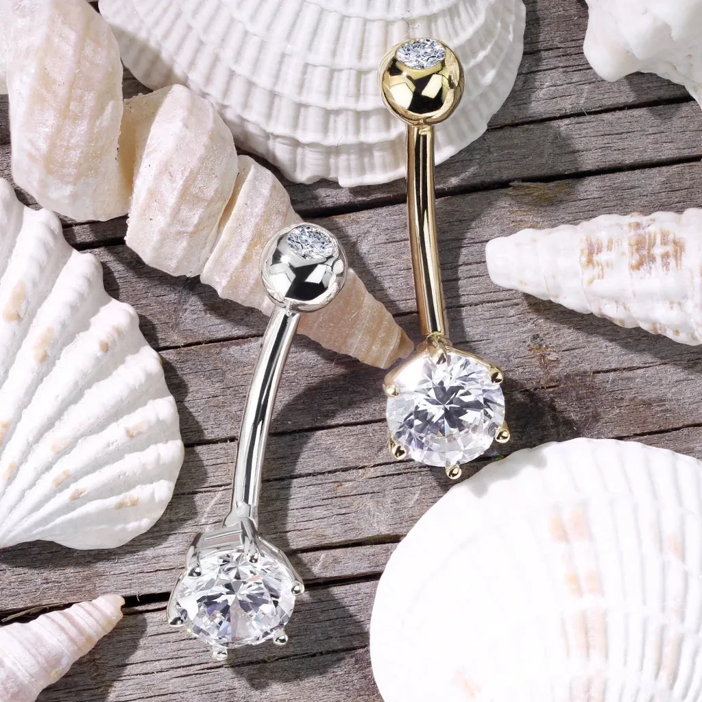 Classic Prong Gem Belly Ring in 14K White Gold