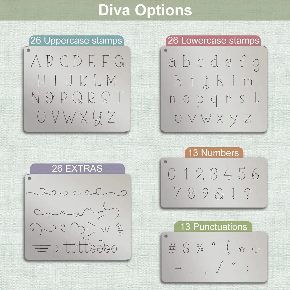 Diva Duo typeface Metal Letter Stamps, full Alphabet.