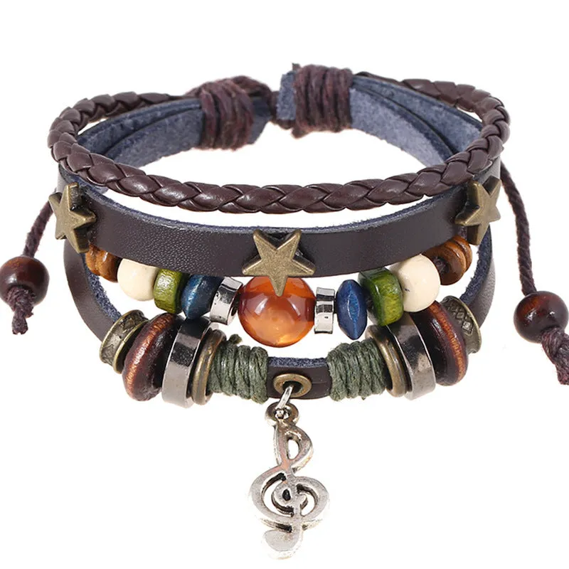 Embroidered Alloy Notes Cowhide Bracelet