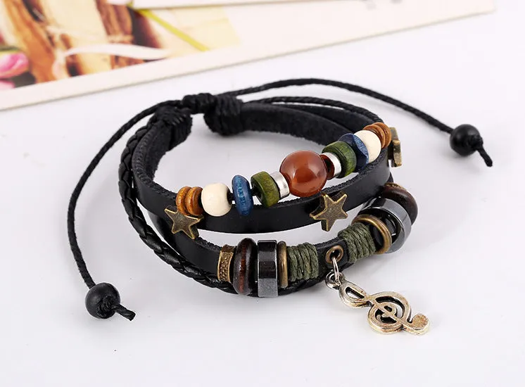 Embroidered Alloy Notes Cowhide Bracelet
