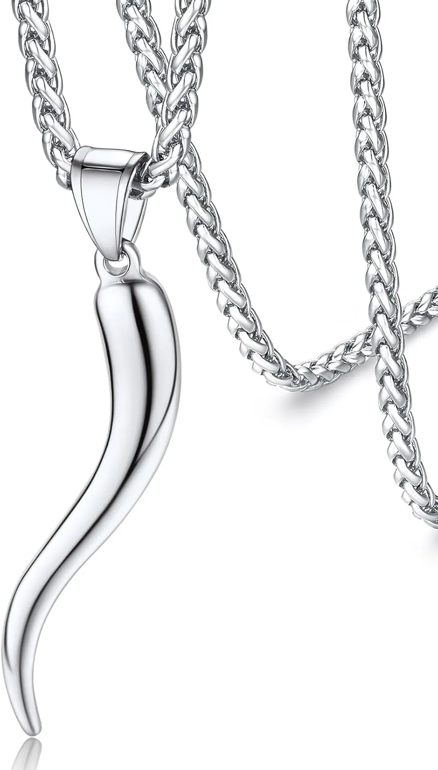 FaithHeart Italian Horn Pendant Necklace for Women Men Silver/Black/Gold Plated Stainless Steel Cornicello Necklace Protection Necklace Chains with Pendant Italian Charm Talisman with Gift Box