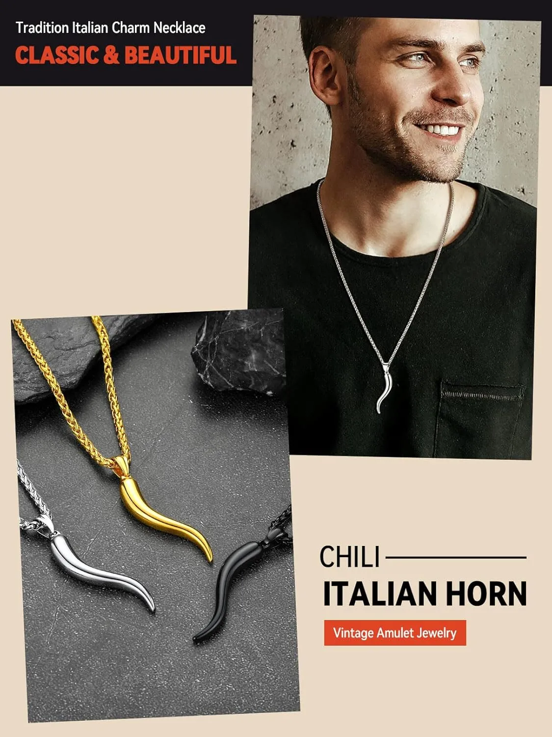 FaithHeart Italian Horn Pendant Necklace for Women Men Silver/Black/Gold Plated Stainless Steel Cornicello Necklace Protection Necklace Chains with Pendant Italian Charm Talisman with Gift Box
