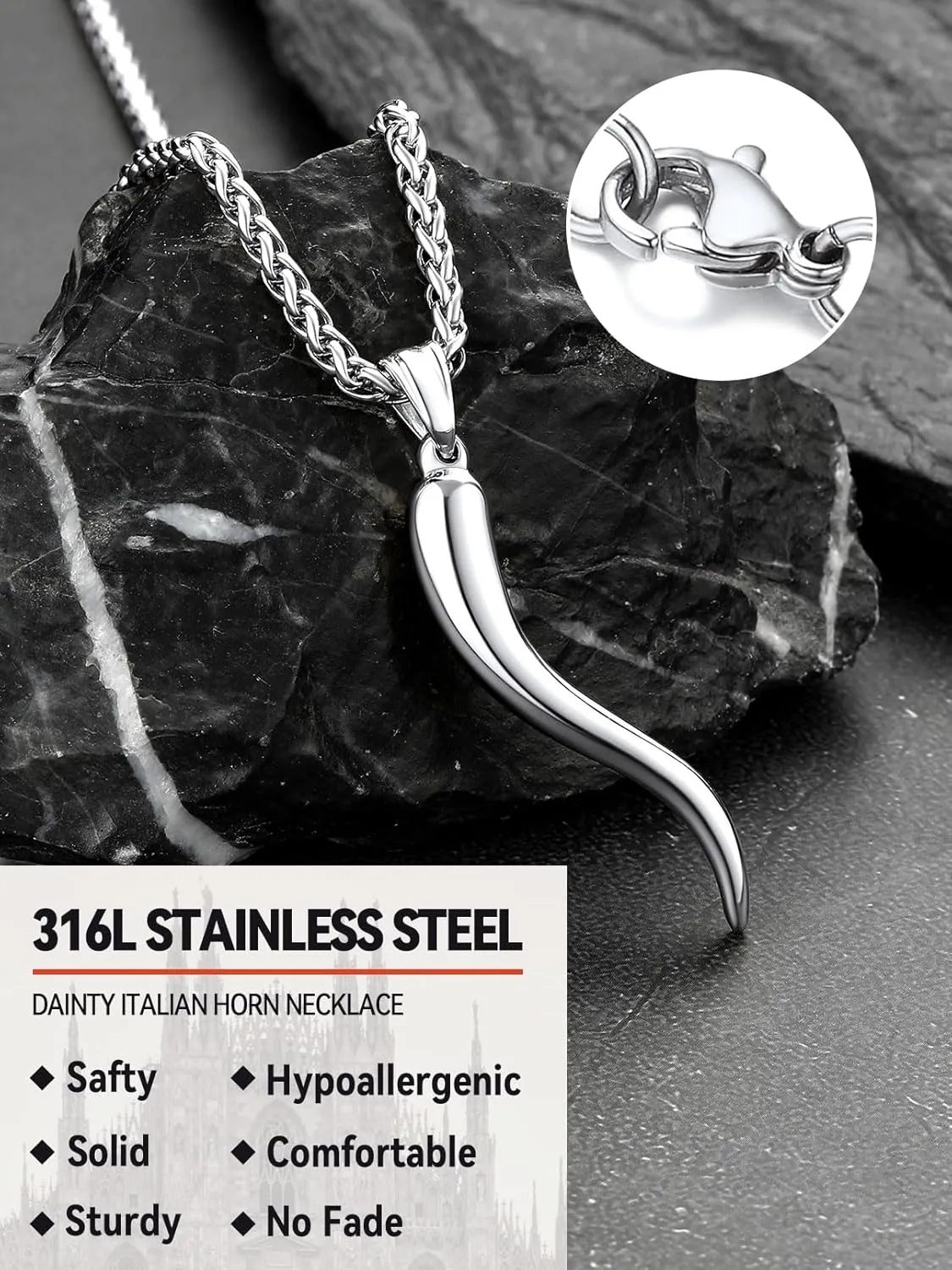 FaithHeart Italian Horn Pendant Necklace for Women Men Silver/Black/Gold Plated Stainless Steel Cornicello Necklace Protection Necklace Chains with Pendant Italian Charm Talisman with Gift Box