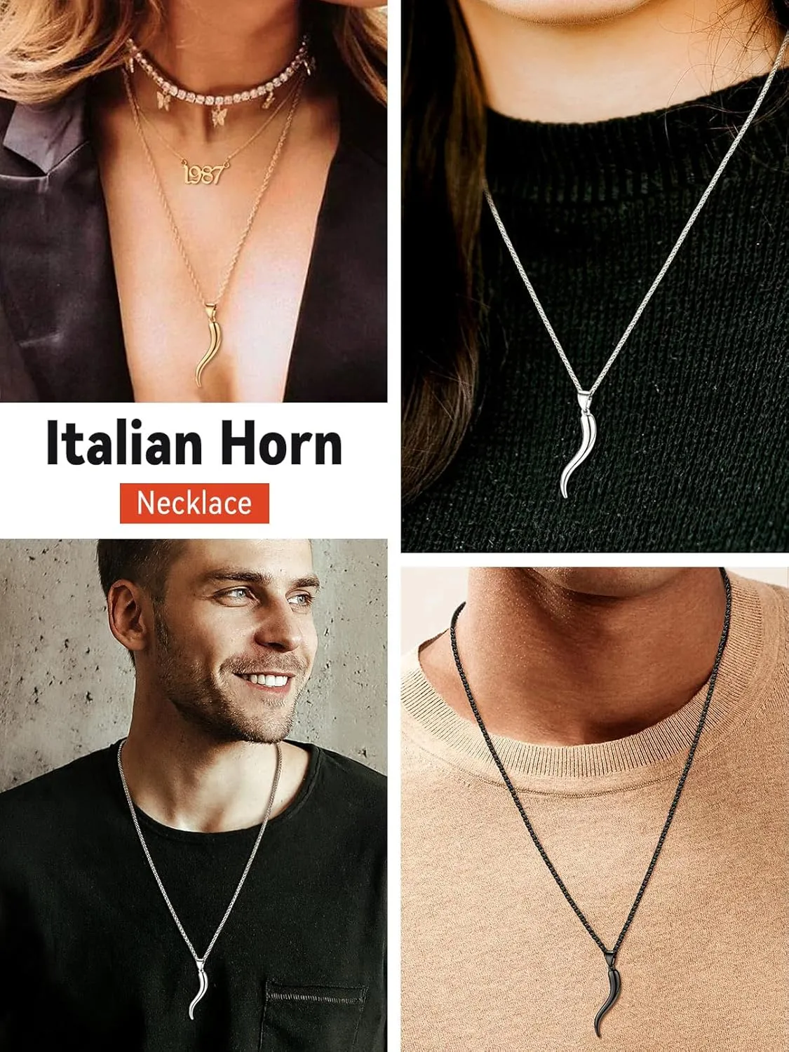FaithHeart Italian Horn Pendant Necklace for Women Men Silver/Black/Gold Plated Stainless Steel Cornicello Necklace Protection Necklace Chains with Pendant Italian Charm Talisman with Gift Box