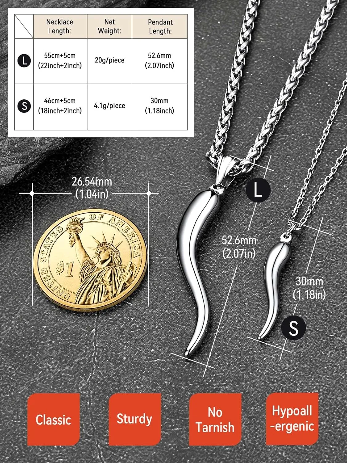 FaithHeart Italian Horn Pendant Necklace for Women Men Silver/Black/Gold Plated Stainless Steel Cornicello Necklace Protection Necklace Chains with Pendant Italian Charm Talisman with Gift Box