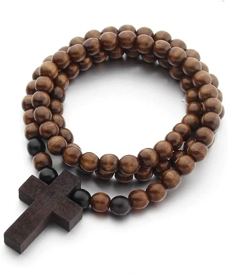 FORUBUS Wooden Cross Pendant Necklace - Wood Beads Cross Religion Necklace for Women Men Believer Prayer Baptism Jewelry