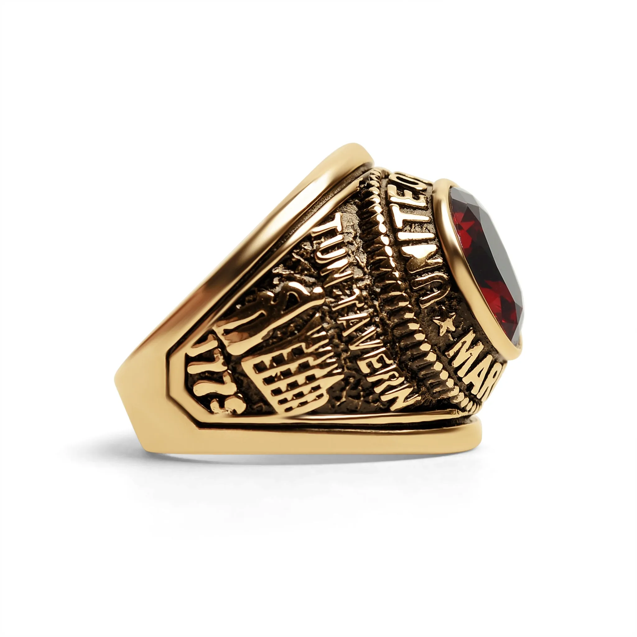 Gold United States Marines Red Center Stone Stainless Steel Ring / MCR6002