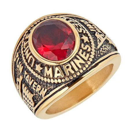 Gold United States Marines Red Center Stone Stainless Steel Ring / MCR6002