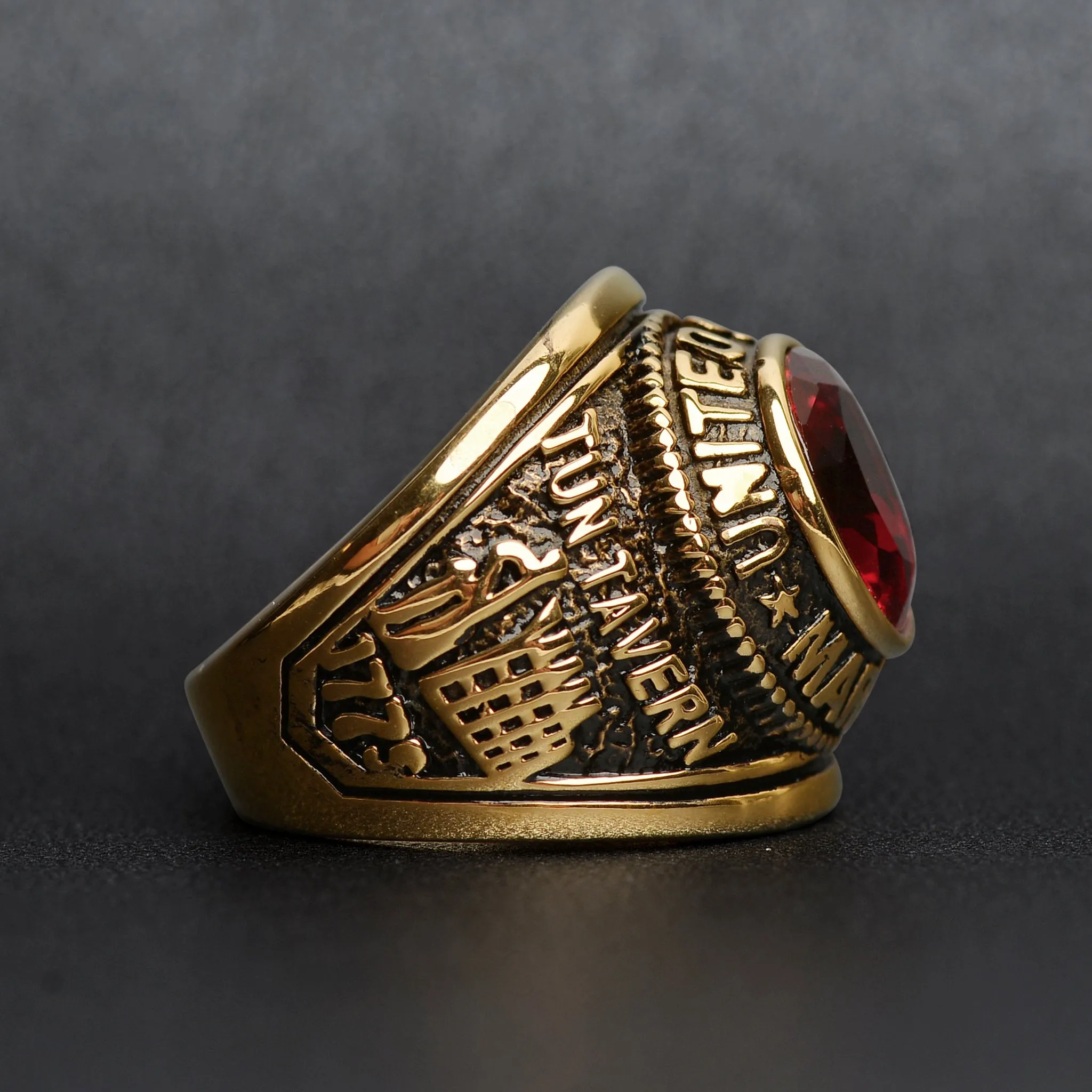 Gold United States Marines Red Center Stone Stainless Steel Ring / MCR6002