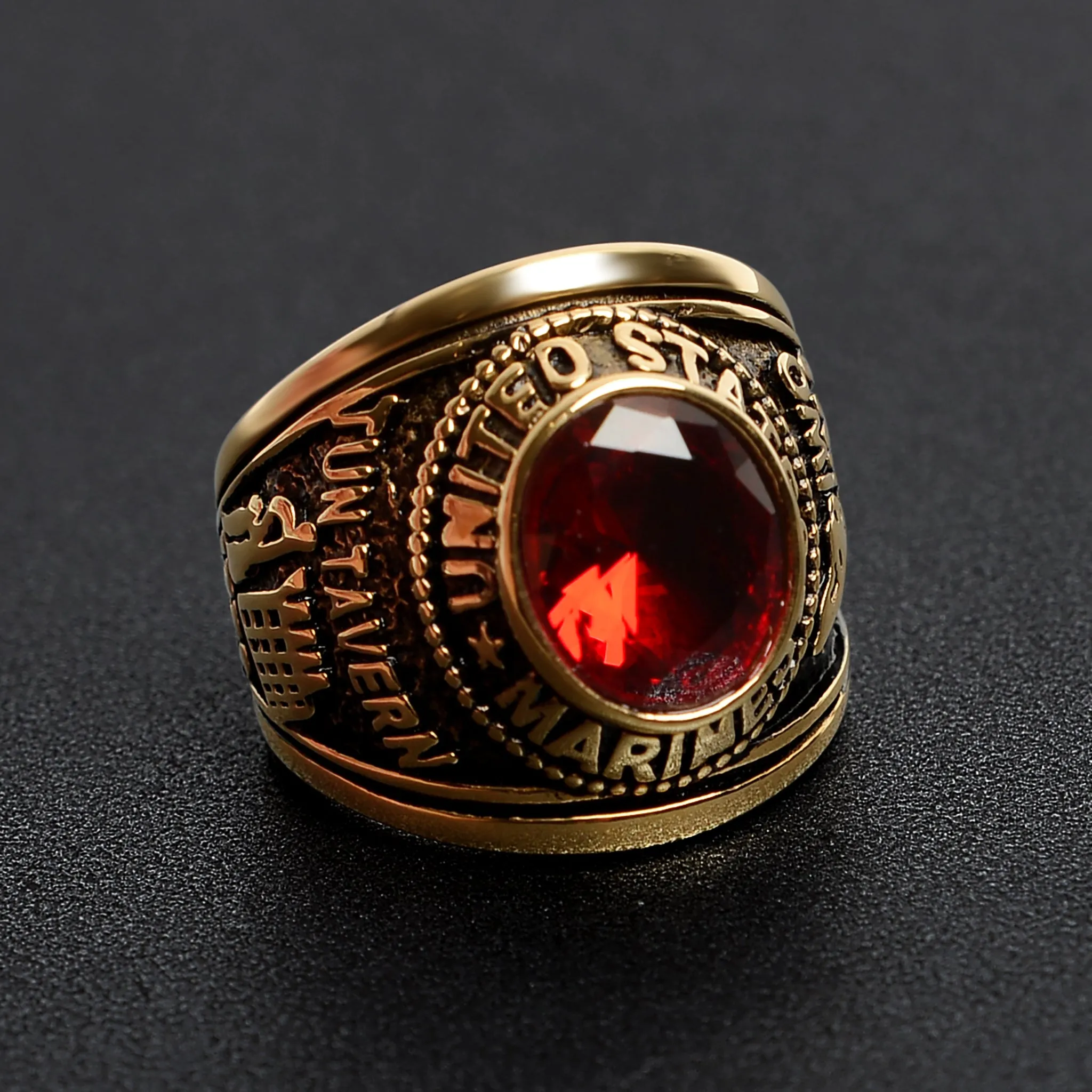 Gold United States Marines Red Center Stone Stainless Steel Ring / MCR6002