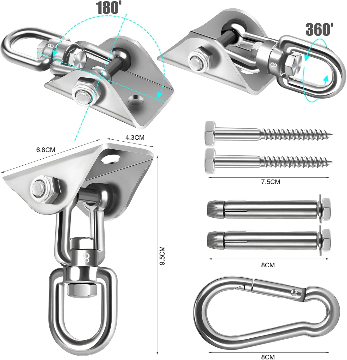 Hammock Hanging kit,360Rotating 1200 lb Capacity Heavy Duty,Hanger & Swing Hook Snap for Concrete Wood,Hammock,Veranda Seat,Chair,Swing Sets,Yoga and GymWithout Chain 