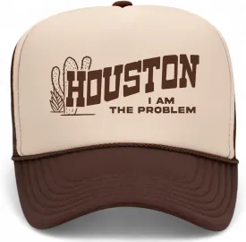 Houston I Am The Problem Trucker Hat | Vintage Cowboy Cowgirl Western Funny | Premium Mesh Foam Snapback Hat for Men & Women