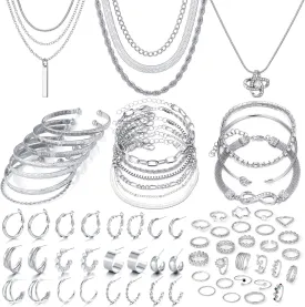 IFKM 36 PC Silver Plated Jewelry Set With 3 Necklace, 12 Bracelet, 7 Ear Cuffs Earring, 14 Knuckle Rings For Women Girls Valentine Anniversary Birthday Friendship Gift