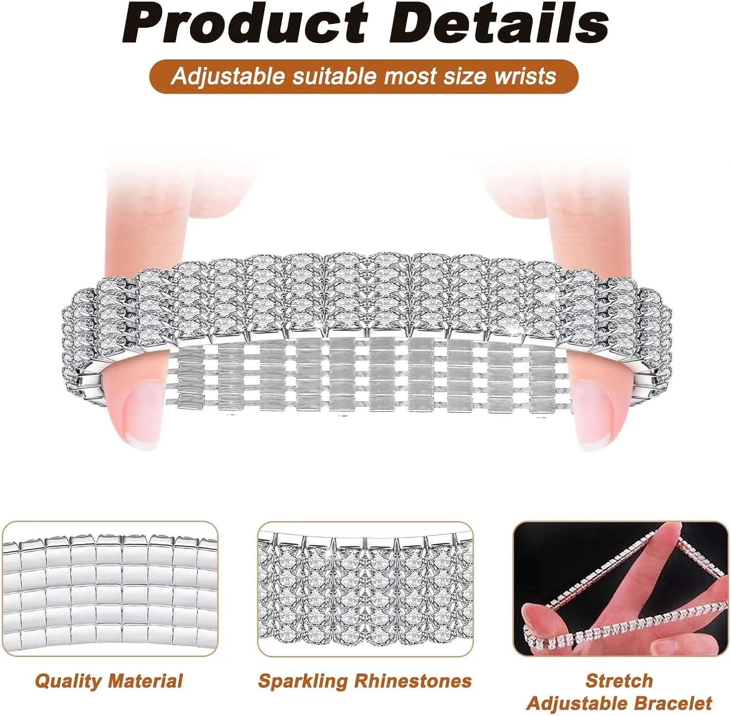 Kucheed Rhinestone Stretch Bracelets, Twinkle Diamond Tennis Bangle, Silver Crystal Sparkling Bridal Stackable Bracelet Jewelry, Bling Shining Wedding Party Elastic Band Bracelet for Women
