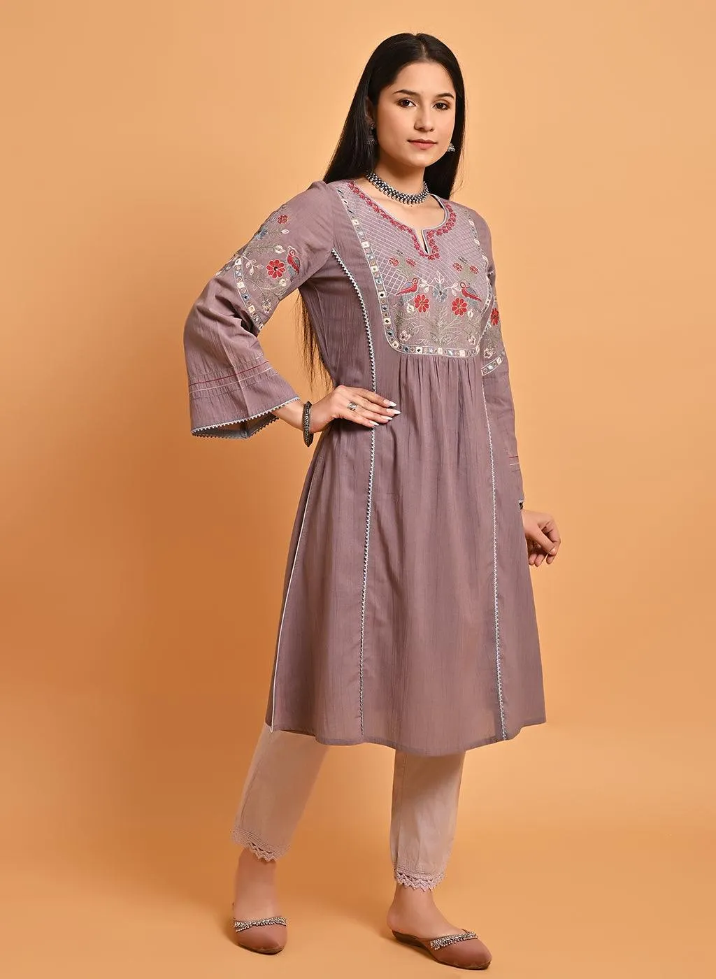 Light Purple Embroidered A-Line Long Kurta