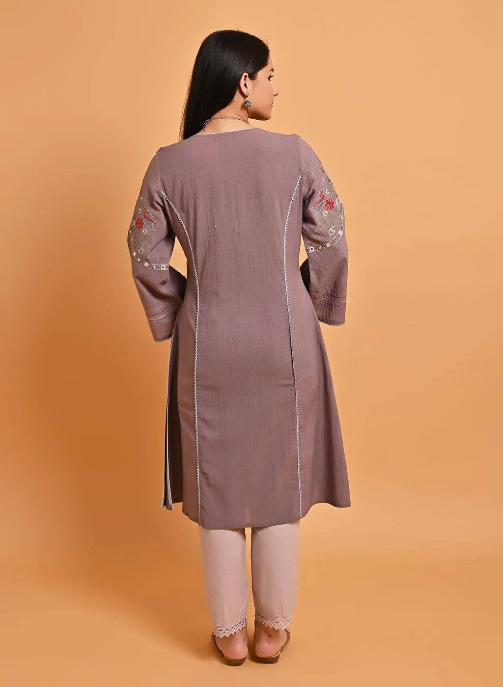 Light Purple Embroidered A-Line Long Kurta