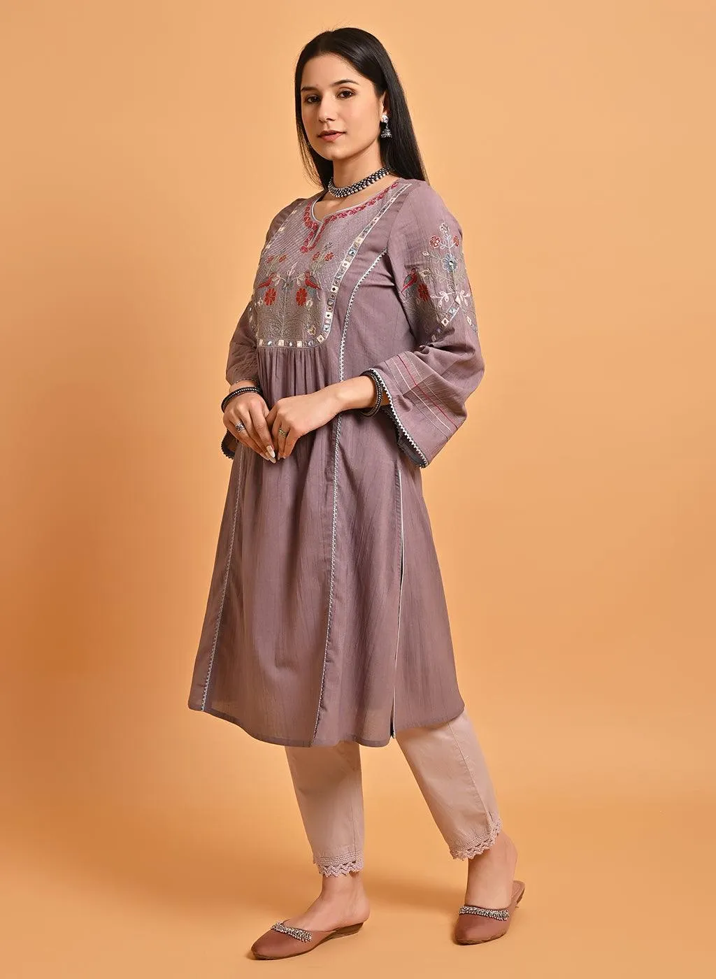 Light Purple Embroidered A-Line Long Kurta