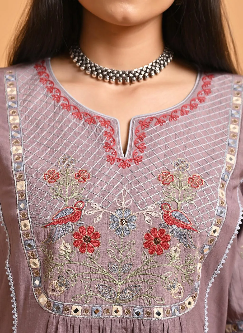 Light Purple Embroidered A-Line Long Kurta