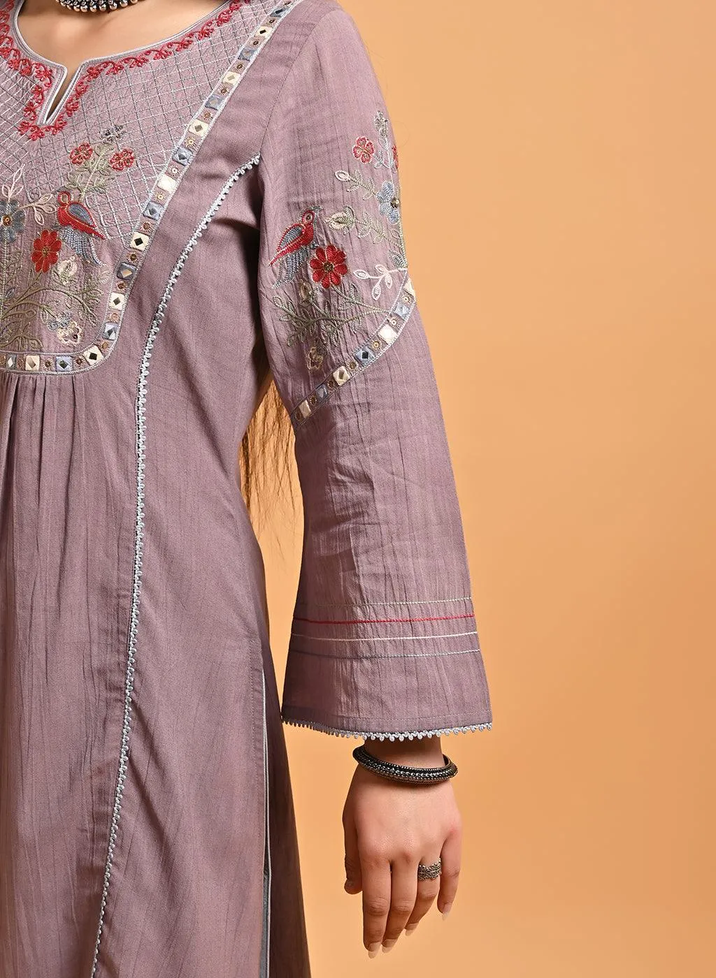 Light Purple Embroidered A-Line Long Kurta