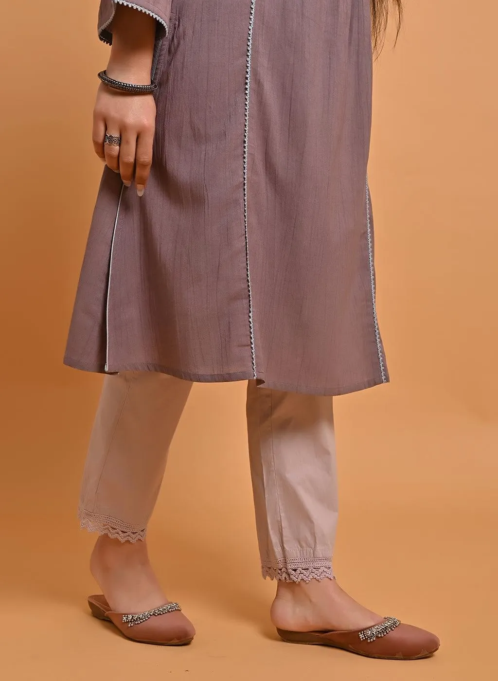 Light Purple Embroidered A-Line Long Kurta