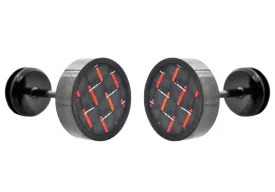 Mens 9mm Black Plated Stainless Steel Earrings With Red Carbon Fiber