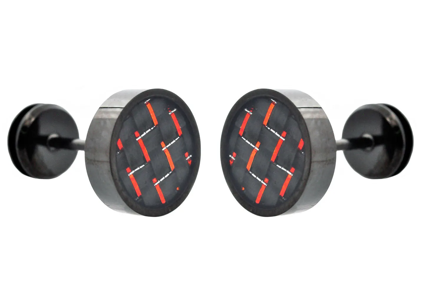 Mens 9mm Black Plated Stainless Steel Earrings With Red Carbon Fiber