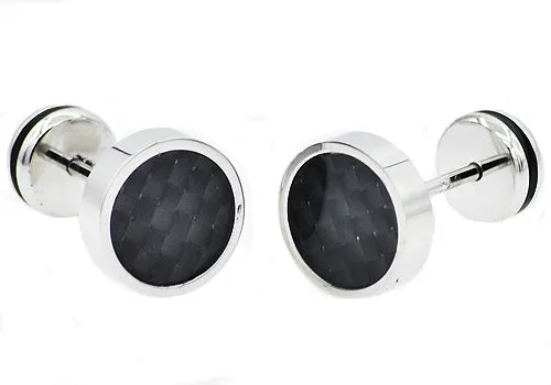 Mens 9mm Stainless Steel Earrings With Black Carbon Fiber