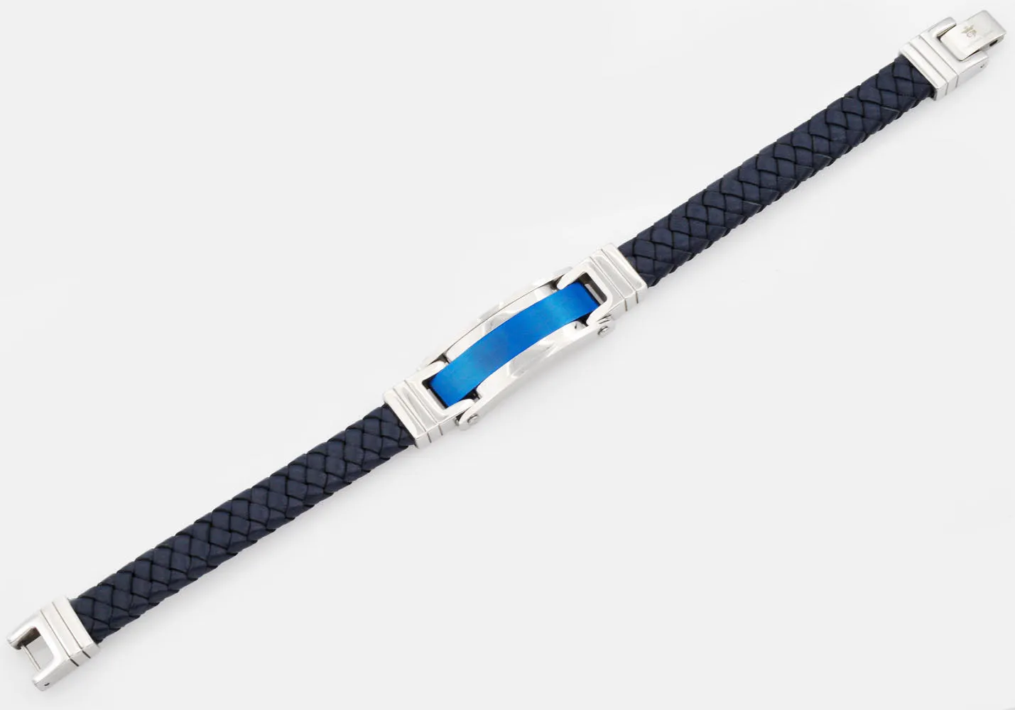 Mens Blue Stainless Steel Blue Leather Bracelet