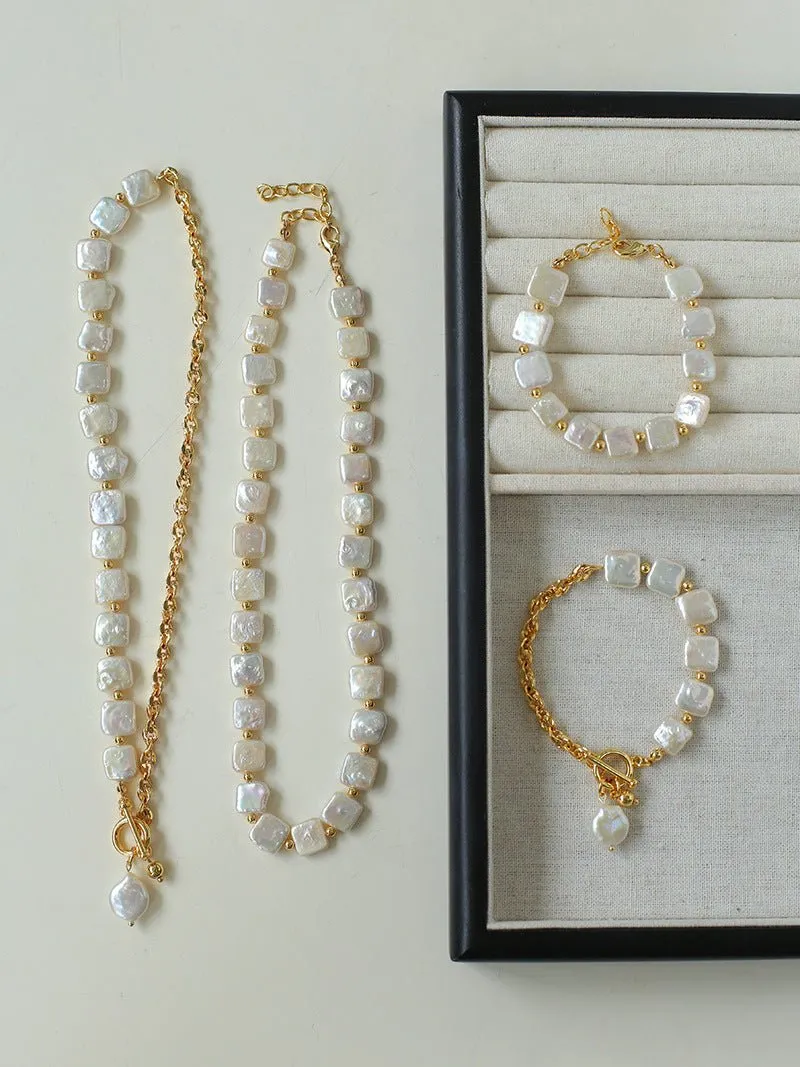 Mini Gold Bead and Square Baroque Pearl Bracelet