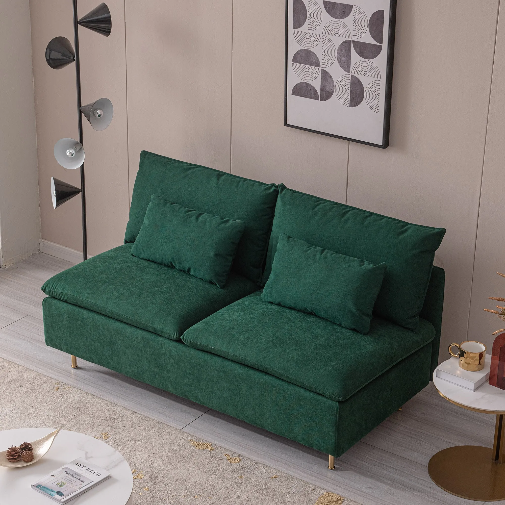 Modern Armless Loveseat Couch;  Armless Settee Bench;  Emerald Cotton Linen-59.8''