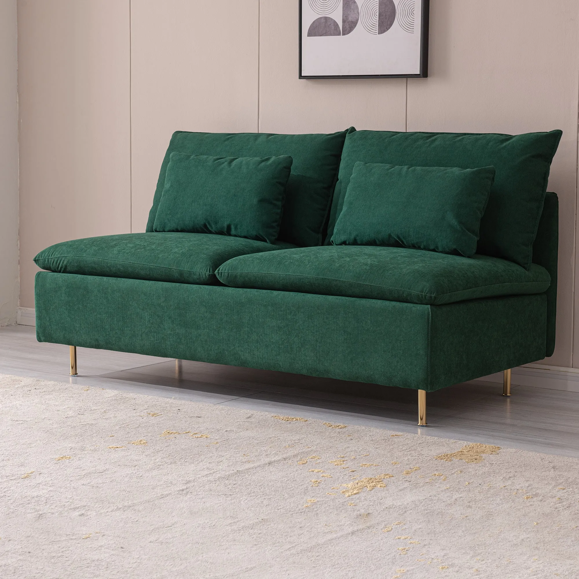 Modern Armless Loveseat Couch;  Armless Settee Bench;  Emerald Cotton Linen-59.8''