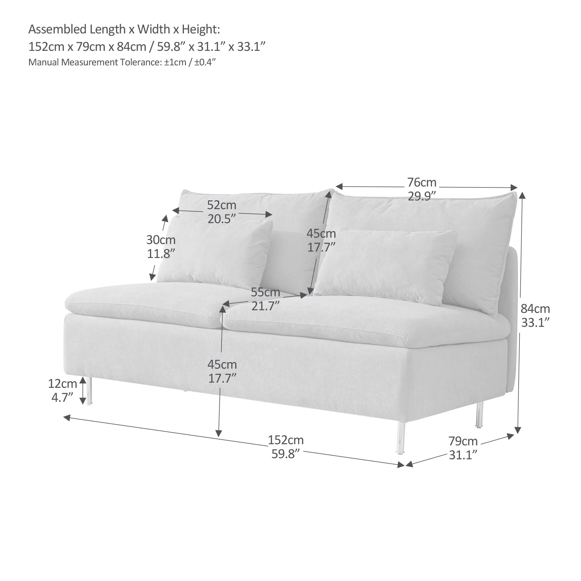 Modern Armless Loveseat Couch;  Armless Settee Bench;  Emerald Cotton Linen-59.8''