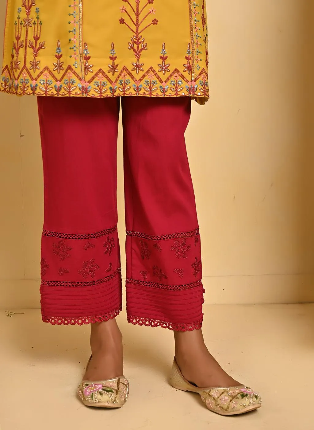 Mustard Embroidered Thigh-length Kurti with 3/4th Sleeves