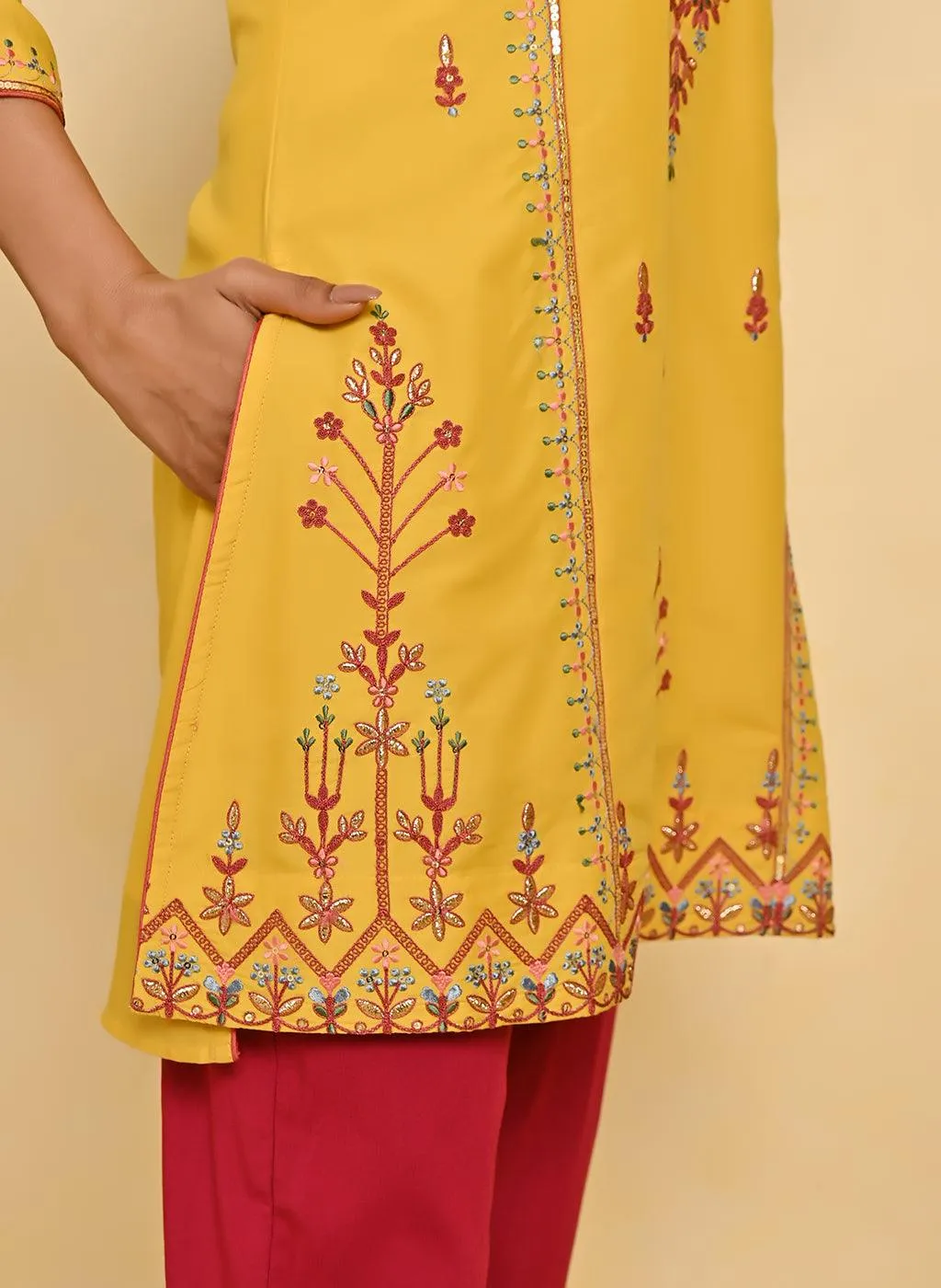 Mustard Embroidered Thigh-length Kurti with 3/4th Sleeves