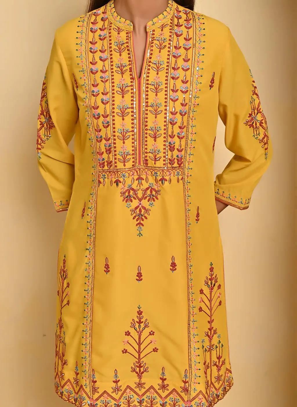 Mustard Embroidered Thigh-length Kurti with 3/4th Sleeves