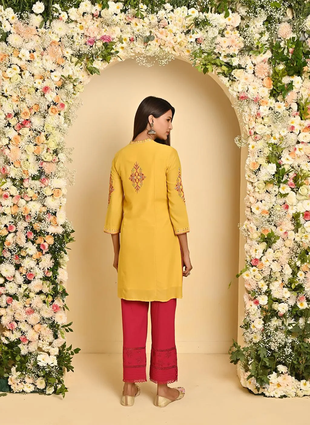 Mustard Embroidered Thigh-length Kurti with 3/4th Sleeves