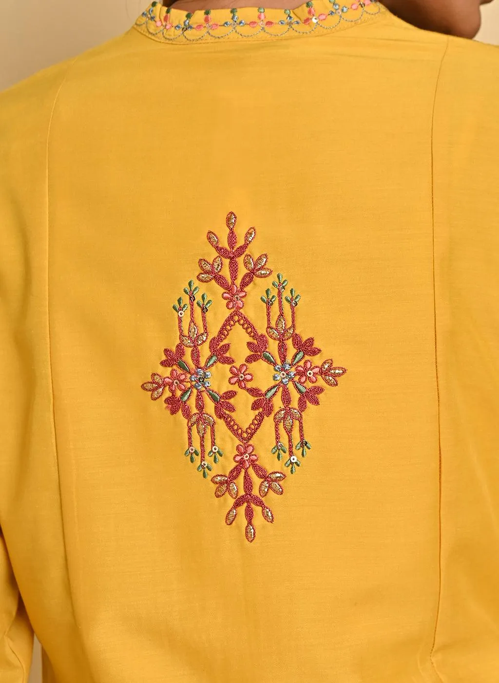 Mustard Embroidered Thigh-length Kurti with 3/4th Sleeves