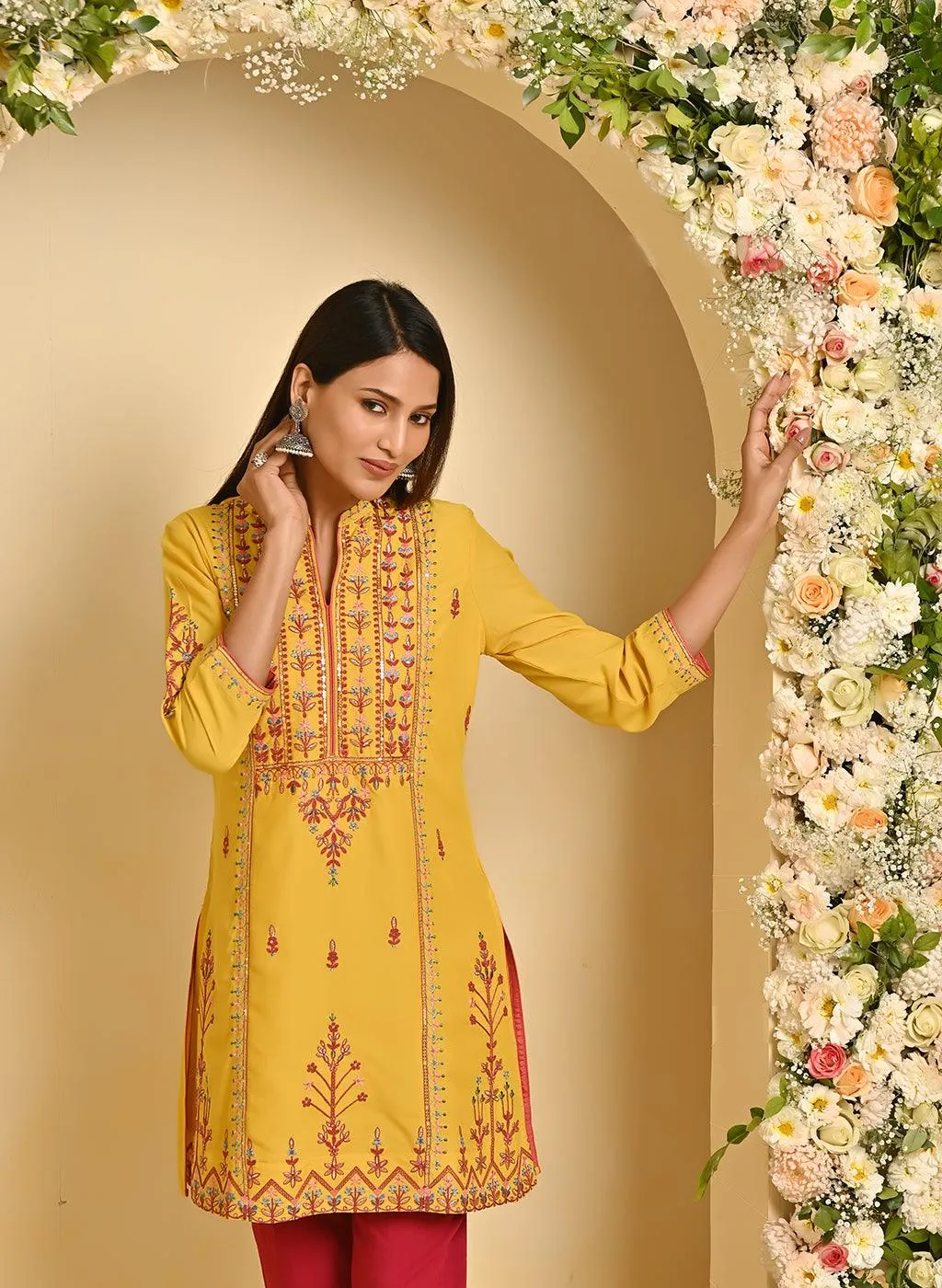 Mustard Embroidered Thigh-length Kurti with 3/4th Sleeves