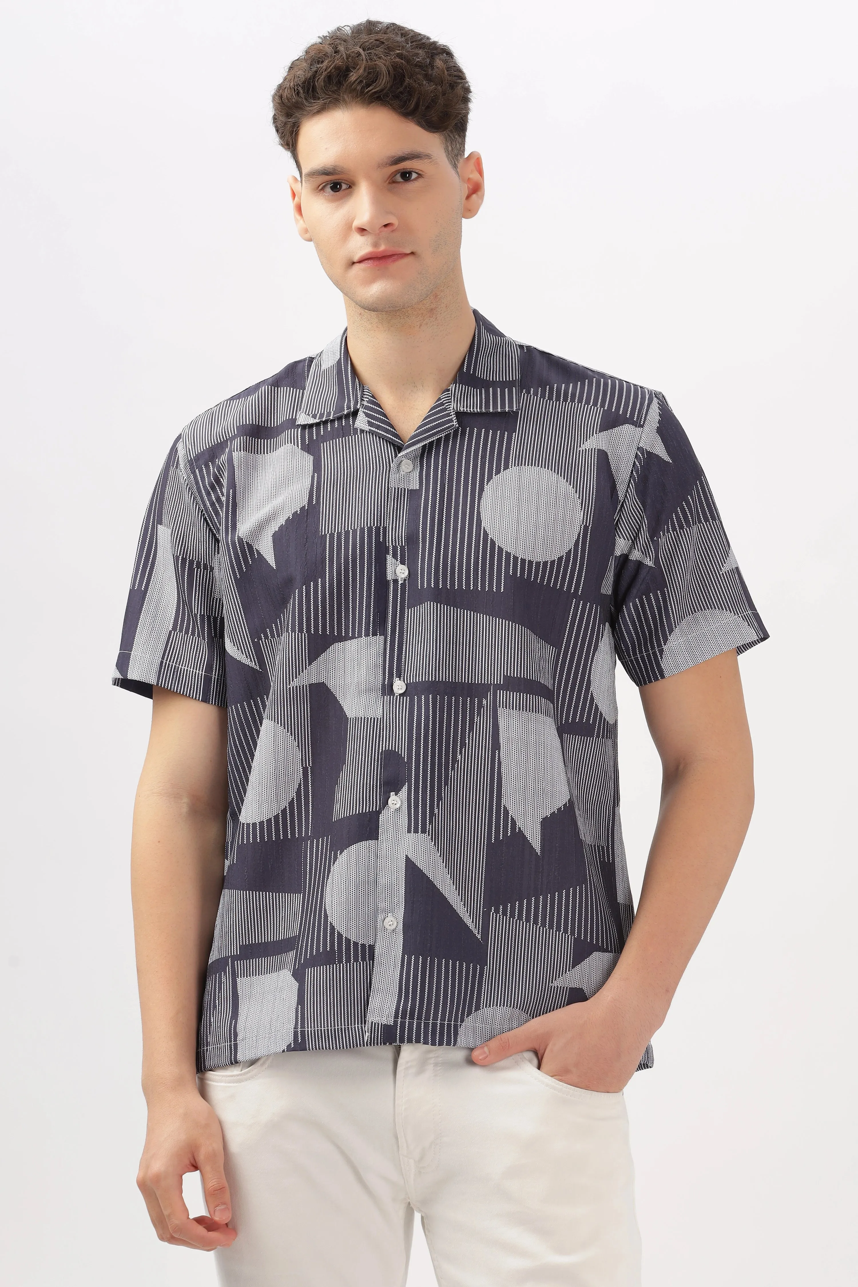 Navy abstarct printed popcorn shirt
