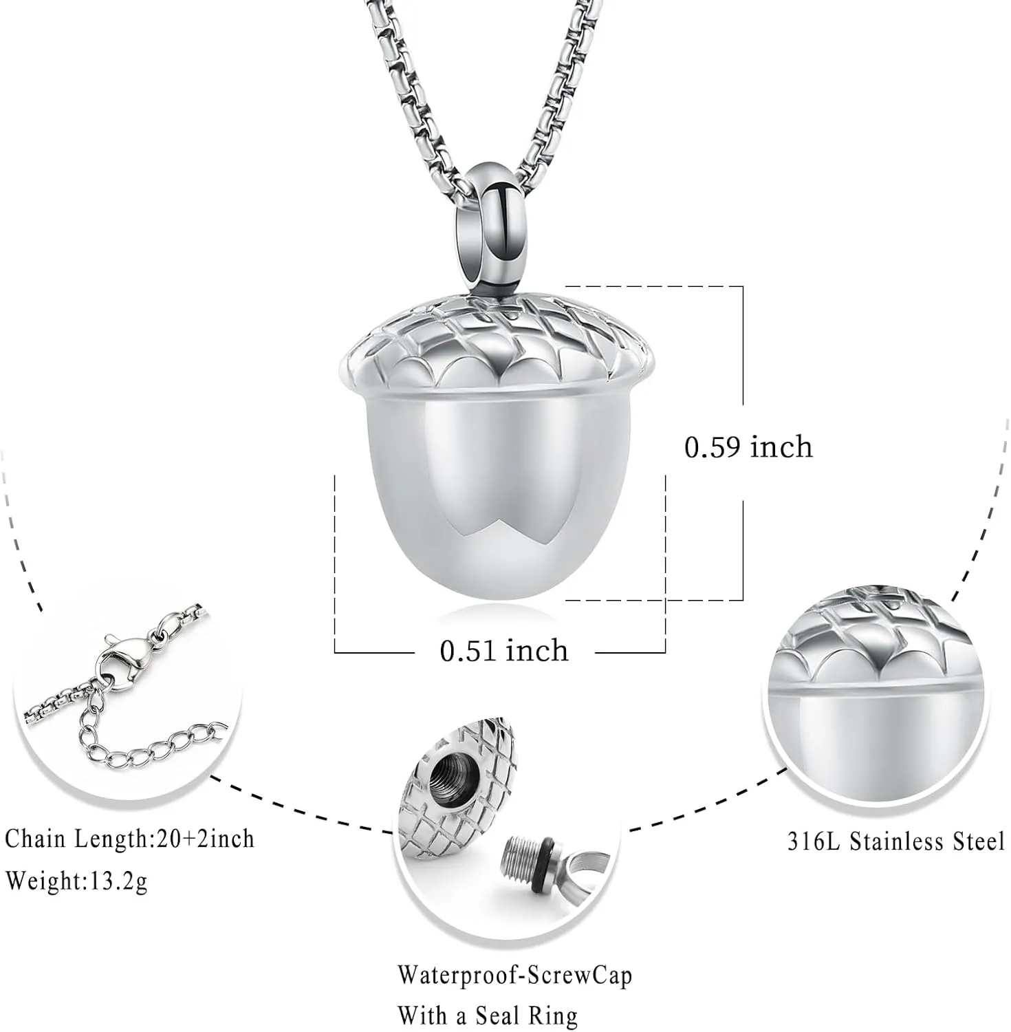 Oinsi Little Acorn Cremation Pendant Ashes Urn Necklace for Cremation - Stainless Steel