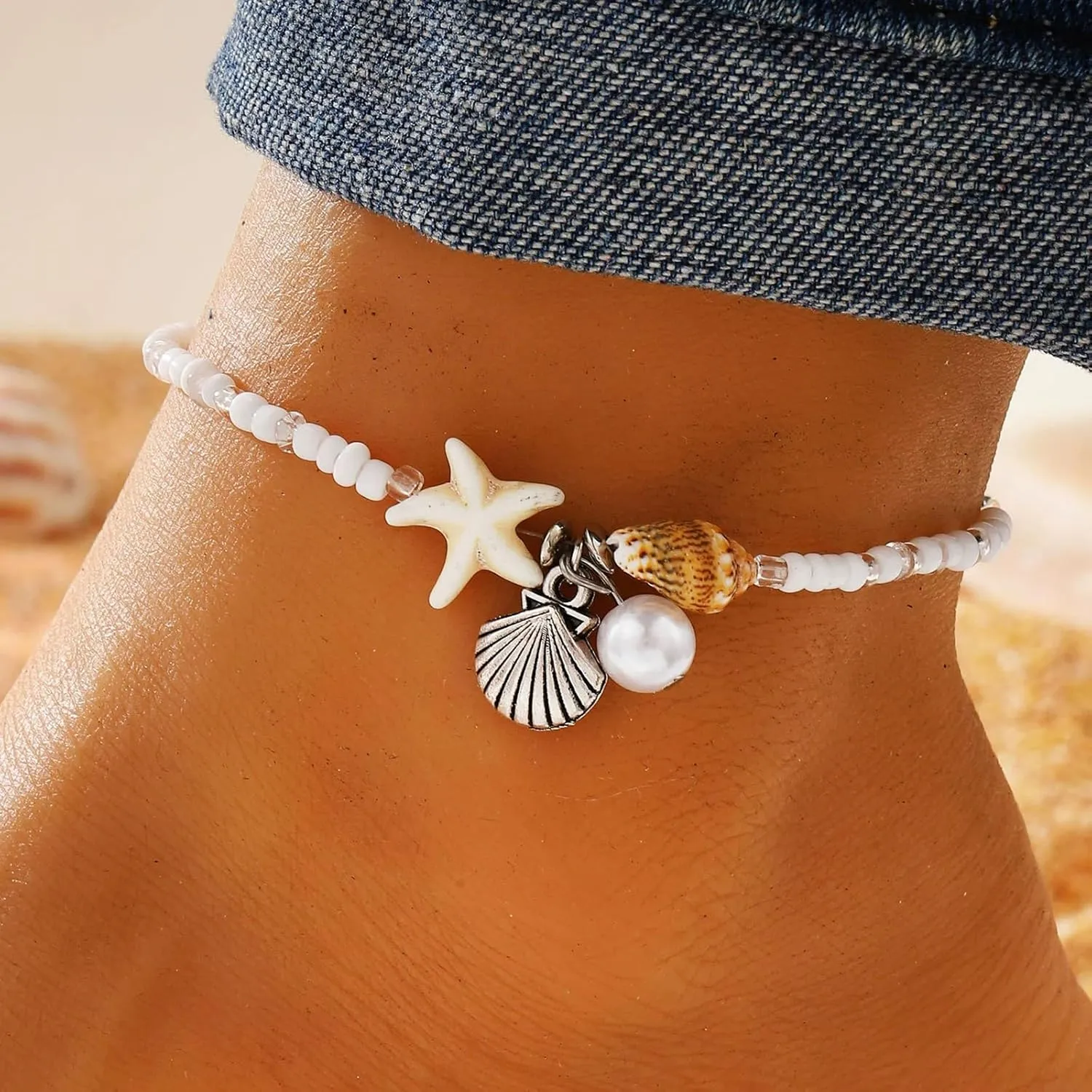 Pearl Shell Anklets for Women Waterproof Adjustable Beaded Anklets Beach Style Birthday Holidays Hypoallergenic Jewelry