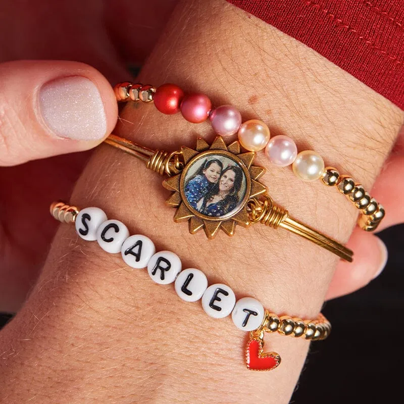 Personalized Letter Bead Stretch Bracelet with Red Heart Charm