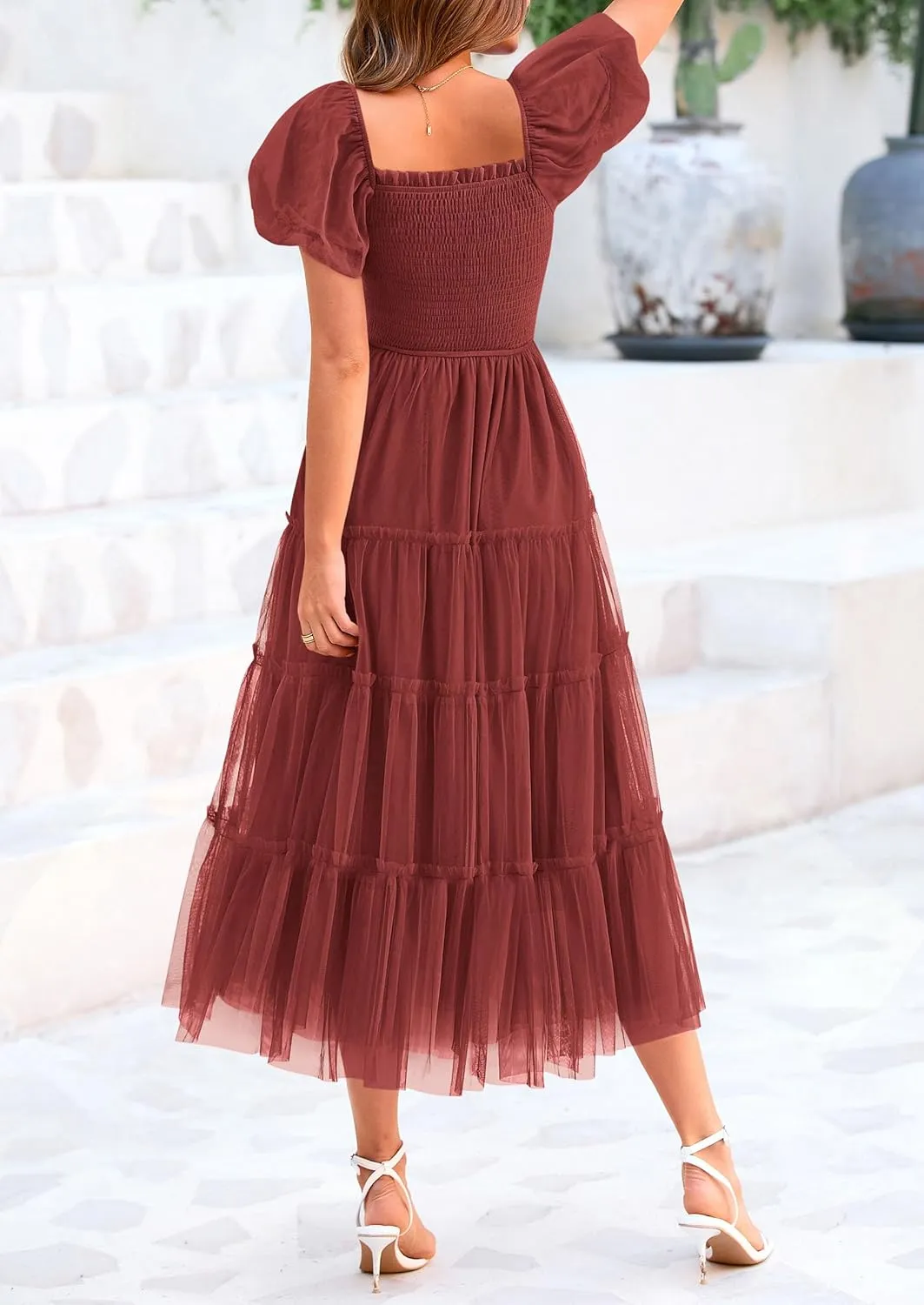 PRETTYGARDEN Women's Smocked Tulle Midi Dress 2025 Summer Square Neck Puffy Short Sleeve Ruffle Wedding Guest Party Dresses