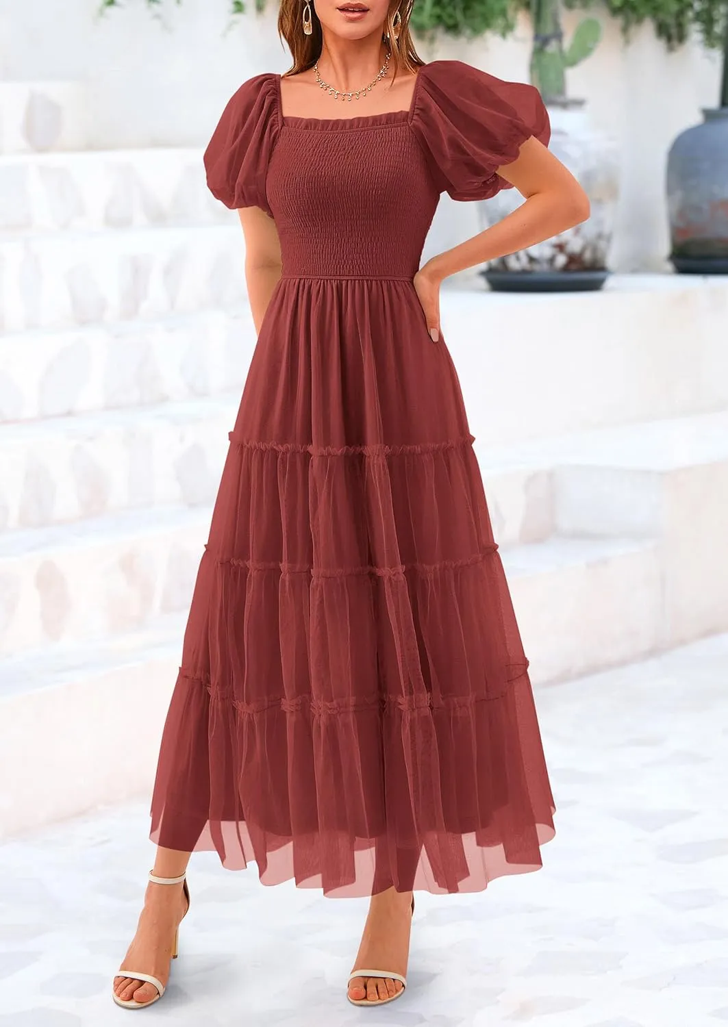 PRETTYGARDEN Women's Smocked Tulle Midi Dress 2025 Summer Square Neck Puffy Short Sleeve Ruffle Wedding Guest Party Dresses