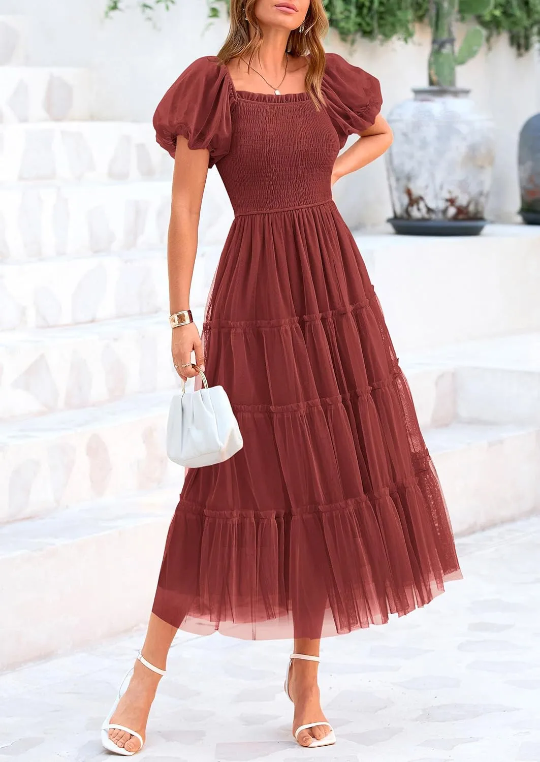 PRETTYGARDEN Women's Smocked Tulle Midi Dress 2025 Summer Square Neck Puffy Short Sleeve Ruffle Wedding Guest Party Dresses
