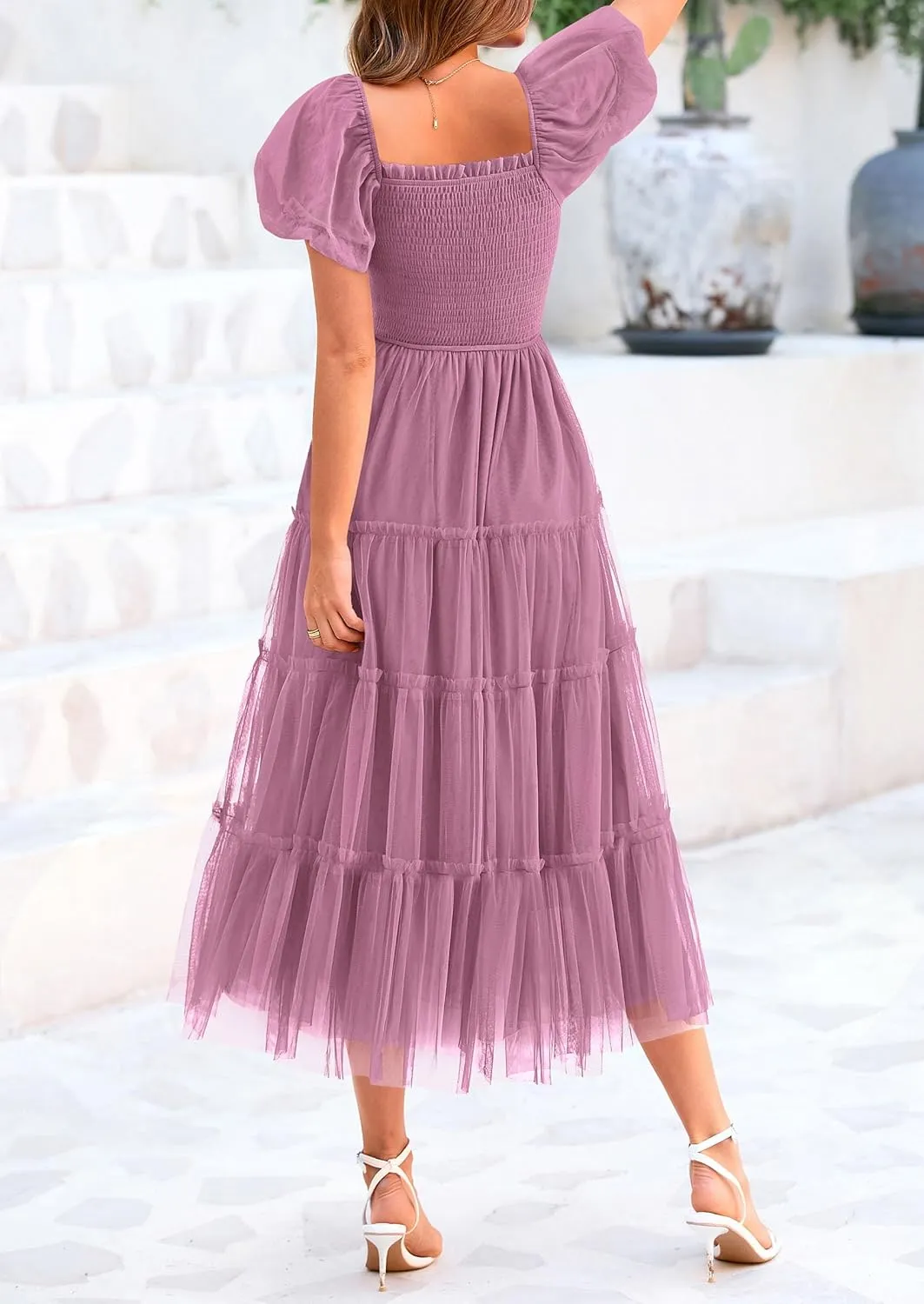 PRETTYGARDEN Women's Smocked Tulle Midi Dress 2025 Summer Square Neck Puffy Short Sleeve Ruffle Wedding Guest Party Dresses