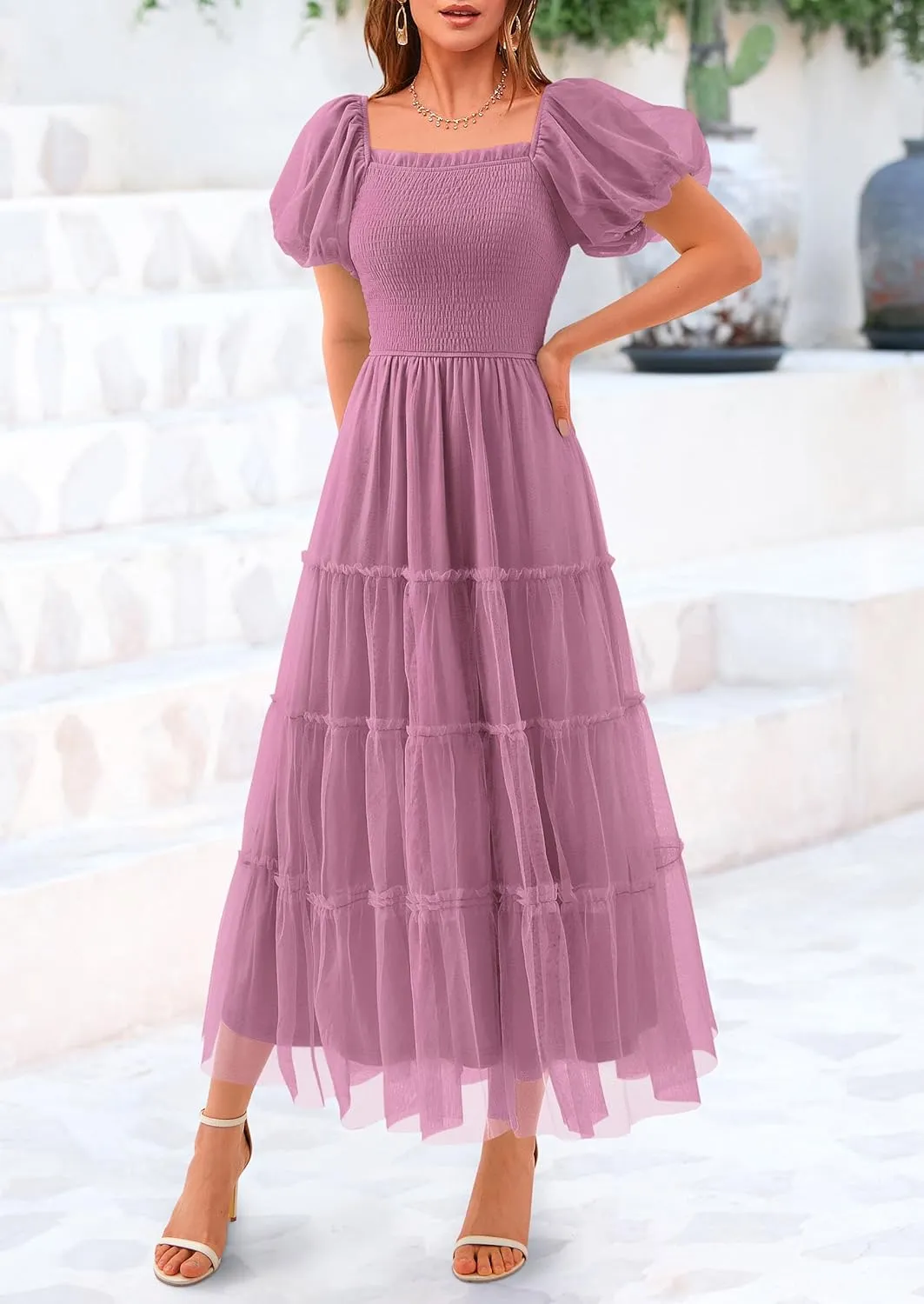 PRETTYGARDEN Women's Smocked Tulle Midi Dress 2025 Summer Square Neck Puffy Short Sleeve Ruffle Wedding Guest Party Dresses