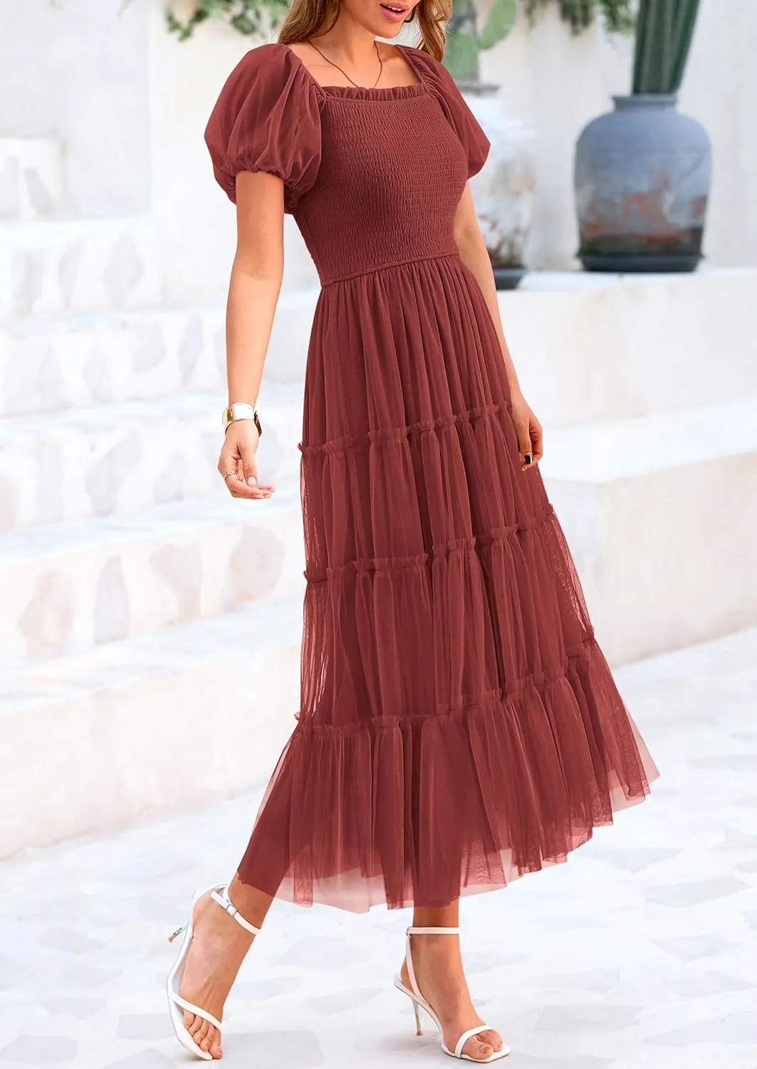 PRETTYGARDEN Women's Smocked Tulle Midi Dress 2025 Summer Square Neck Puffy Short Sleeve Ruffle Wedding Guest Party Dresses